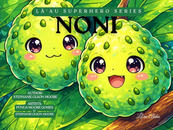 Cute animated noni fruits with big eyes on green leaves in a superhero series cover.