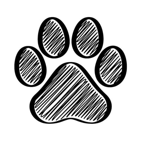 Black sketch of a paw print with four toes and a pad.