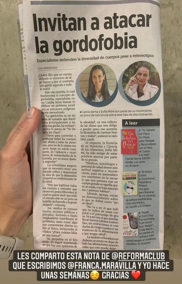 Nota en el periódico Reforma para acabar con el estigma de peso