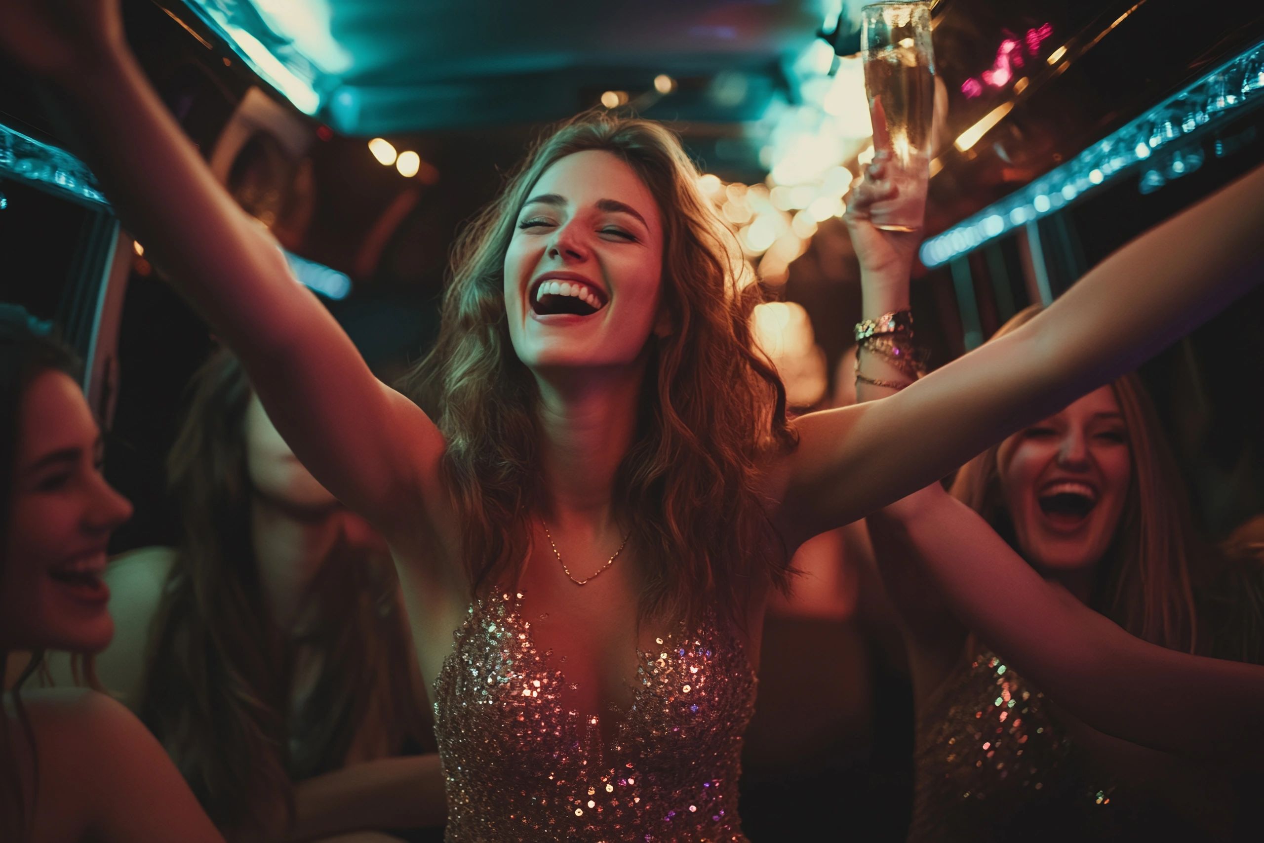 Women joyfully celebrating inside a party bus with sparkling outfits and drinks.