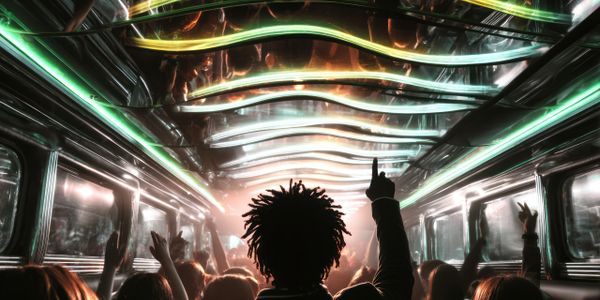 People enjoying a vibrant party inside a futuristic bus with glowing ceiling lights.