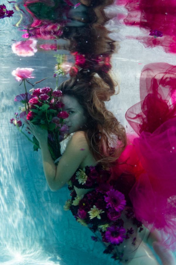 Underwater editorial fashion photography. Custom floral couture