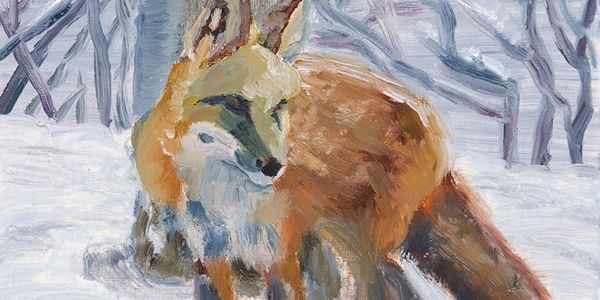 Painting of a fox in a snowy forest.