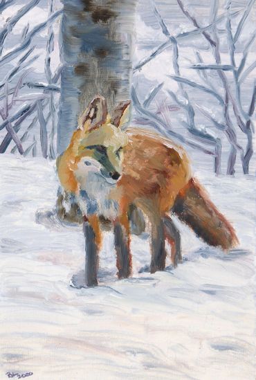 Painting of a fox in a snowy forest.