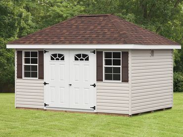 10'x14' Hip Barn with 5 Lite Arched Windows, Double Doors and 24”x36” Windows and Shingles over Ridg