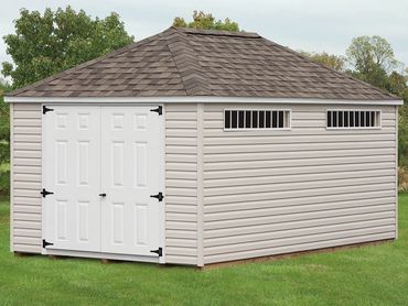 10'x16' Hip Barn with Transom Windows and Shingles over Ridge Vent