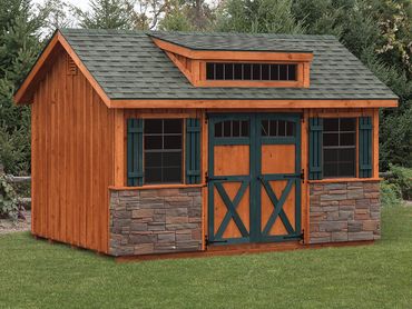 10'x12' Classic Board and Batten with Stone Front and Transom Dormer
