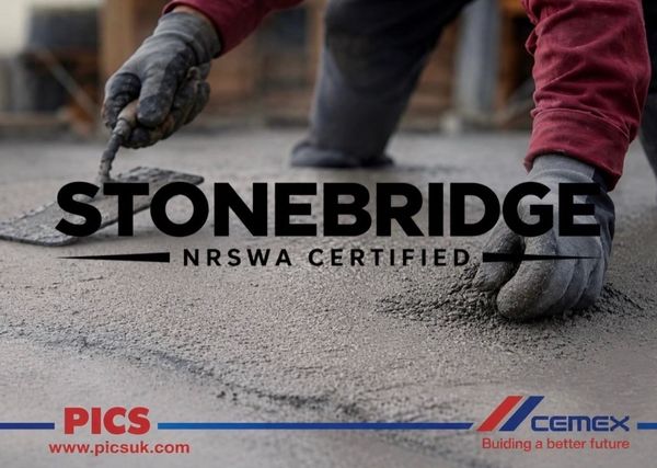 Hands smoothing concrete with Stonebridge logo overlay.
