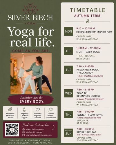 Yoga classes timetable for Silver Birch Yoga autumn term.