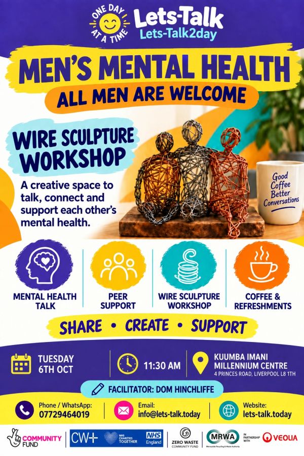 Men's mental health wire sculpture workshop with talks and refreshments.