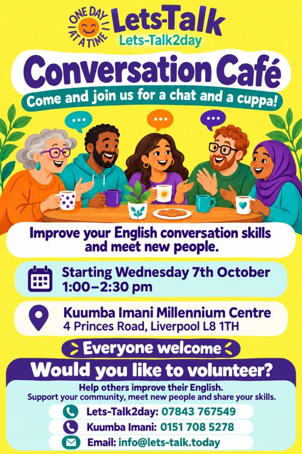 English conversation cafe inviting community to join and volunteer.