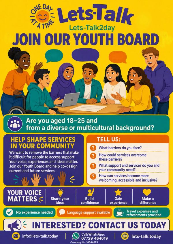 Join Lets-Talk2day Youth Board for diverse youth aged 18-25 to shape community services.