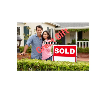 Couple standing outside of a home they have just bought with a red sold sign