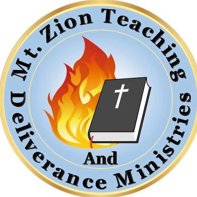 Logo of Mt. Zion Teaching and Deliverance Ministries with a Bible and flames.