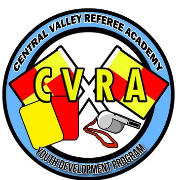 Logo of Central Valley Referee Academy Youth Development Program with flags, cards, and whistle.