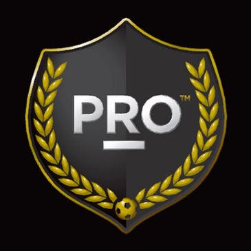 Black and gold PRO emblem with laurel wreath and soccer ball.