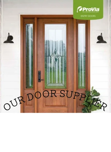 Elegant wooden entry door with decorative glass panels and side windows.
