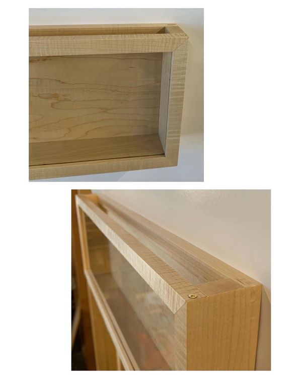 Curly Maple wall mounted display box. Delicate maple display frame.