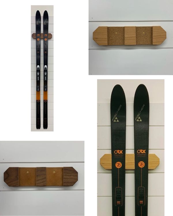 Walnut and cherry ski display rack. Low profile ski mount. Back country skis, nordic skis, alpine.