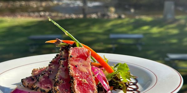 Seared tuna slices with vegetables on a plate outdoors.