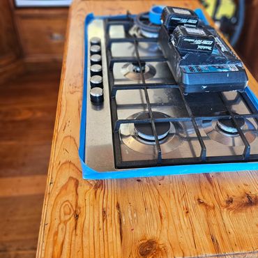 Pine benchtop refinished—sanded and oiled, ready for a fresh start!