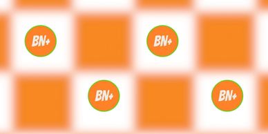 Orange and white checkered pattern with BN+ logos.