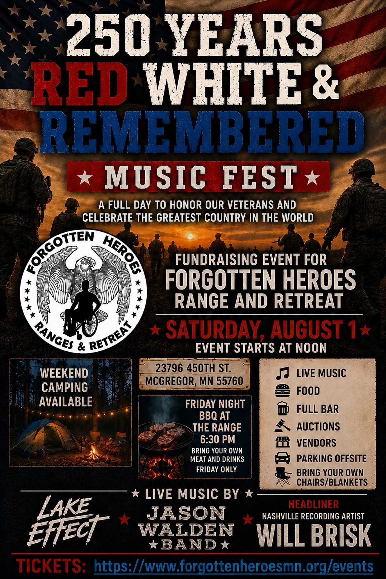 250 Years Red White & Remembered Music Fest honoring veterans with live music and fundraising.