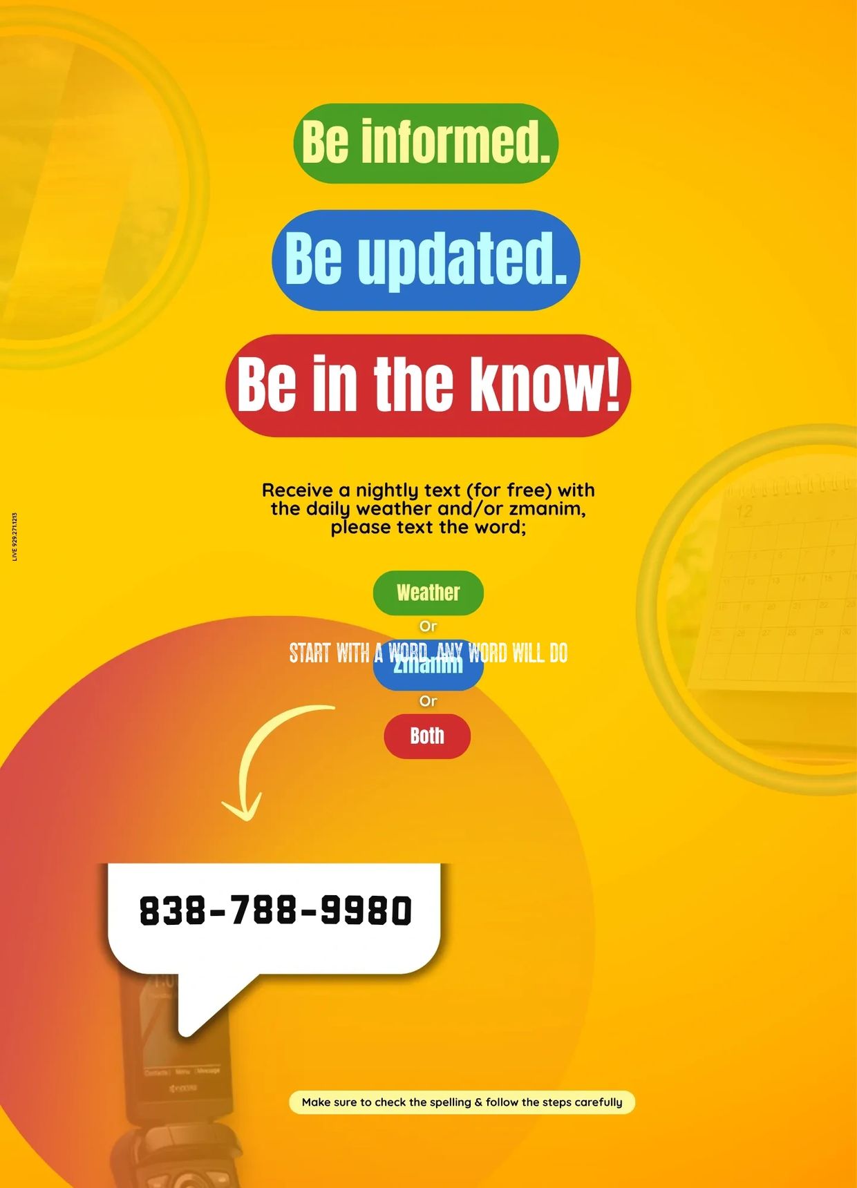Bright yellow ad encouraging texting for free daily weather and zmanim updates.