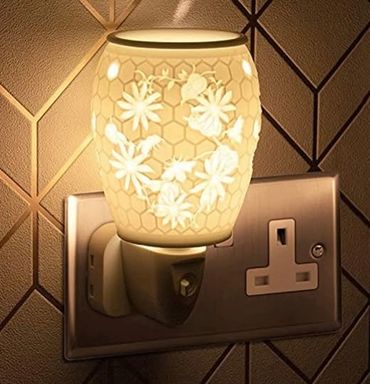 Illuminated floral night light plugged into a wall socket.