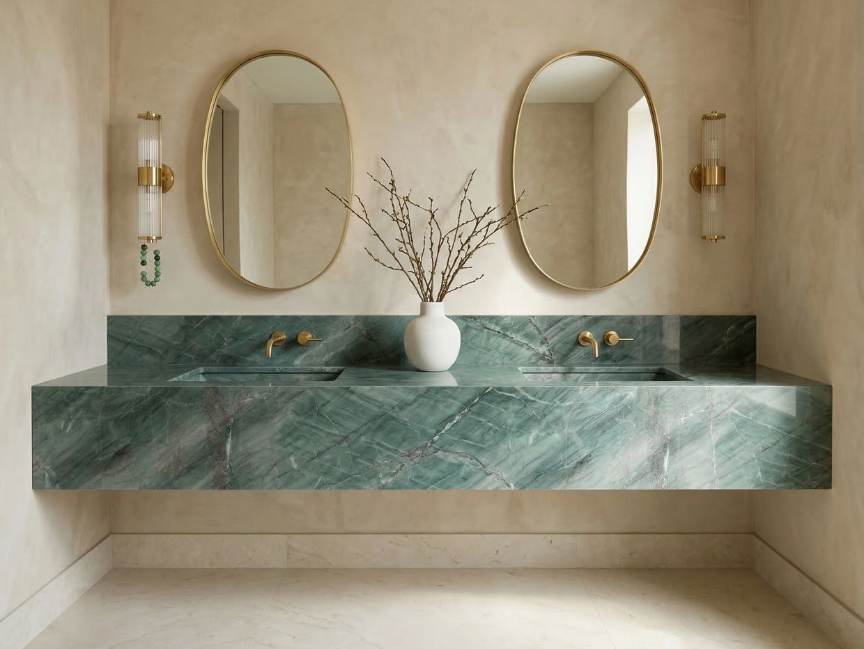 Elegant bathroom with green marble double sink and gold accents.