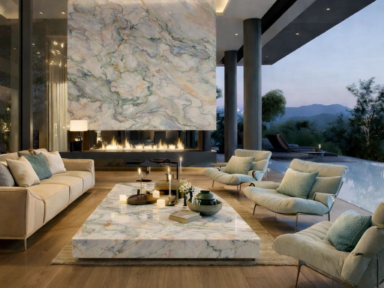 Luxurious living room with marble fireplace and ocean view.