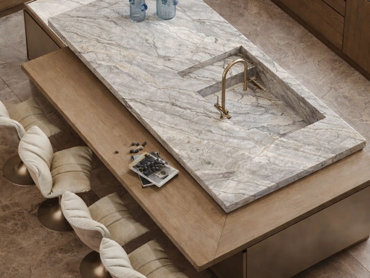 Modern kitchen island with marble countertop and built-in sink, paired with cushioned stools.