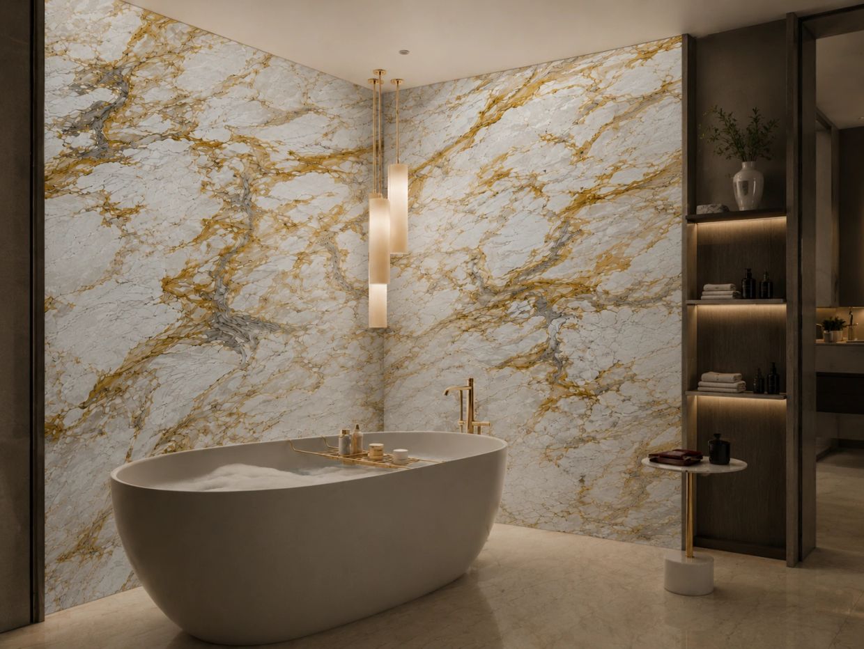 Luxurious bathroom with marble walls and a modern freestanding bathtub.