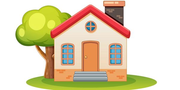 Cartoon house with tree and chimney.