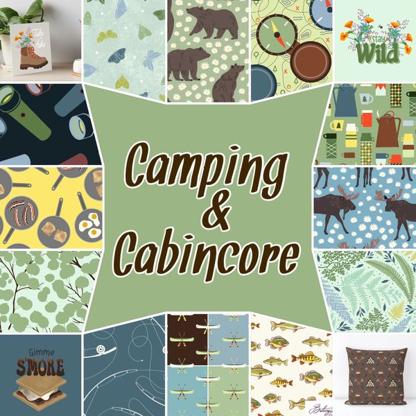 Grouping of select patterns from the camping and Cabincore collection.