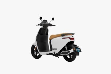 White electric scooter with tan seat and rearview mirrors.
