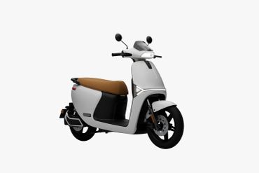 Modern white electric scooter with brown seat.