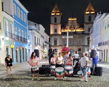 Pelourinho at night being entertained by a youth Afro Bloco.
