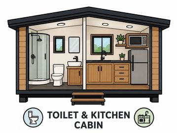 Cross-section of a compact toilet and kitchen cabin showing essential fixtures.