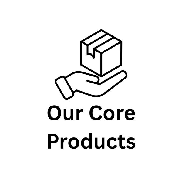 Icon of a hand holding a package with text 'Our Core Products'.