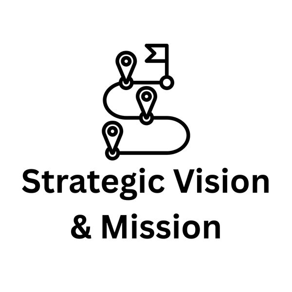 Icon showing a path with location markers and a flag, titled Strategic Vision & Mission.
