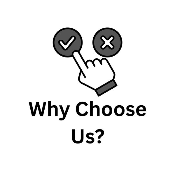 Hand icon selecting a checkmark with text 'Why Choose Us?'.