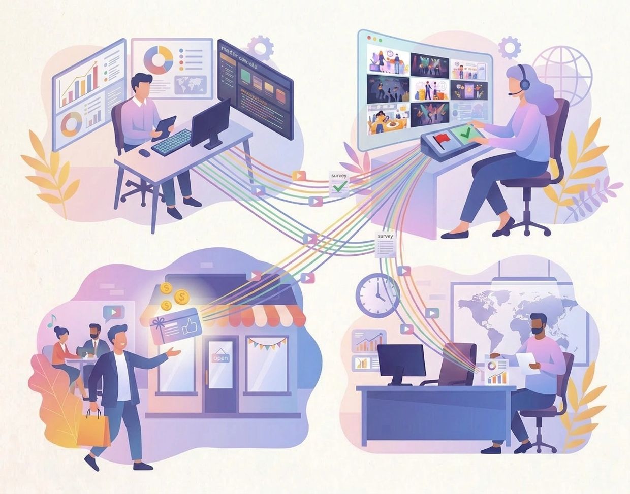 People analyzing data and surveys connected to a business storefront.