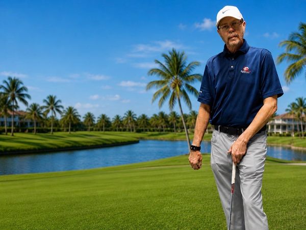 Man in golf attire standing on a golf course.