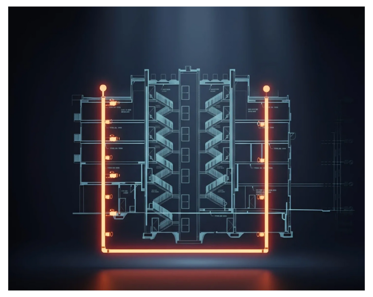 Blueprint of a building with highlighted neon orange piping system.