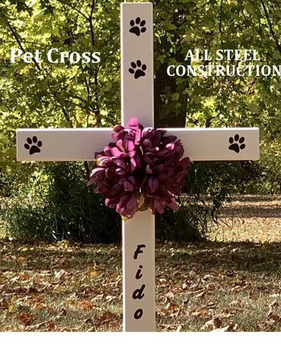 30 inch Pet cross memorial.  Our powder- uv coated steel pet memorial crosses include name and paws.