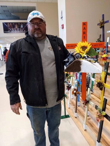 Custom Orange Steel Graveside Cross personalized with shelf. Customize your grave marker with us.
