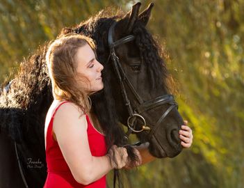 Young woman and Friesian mare