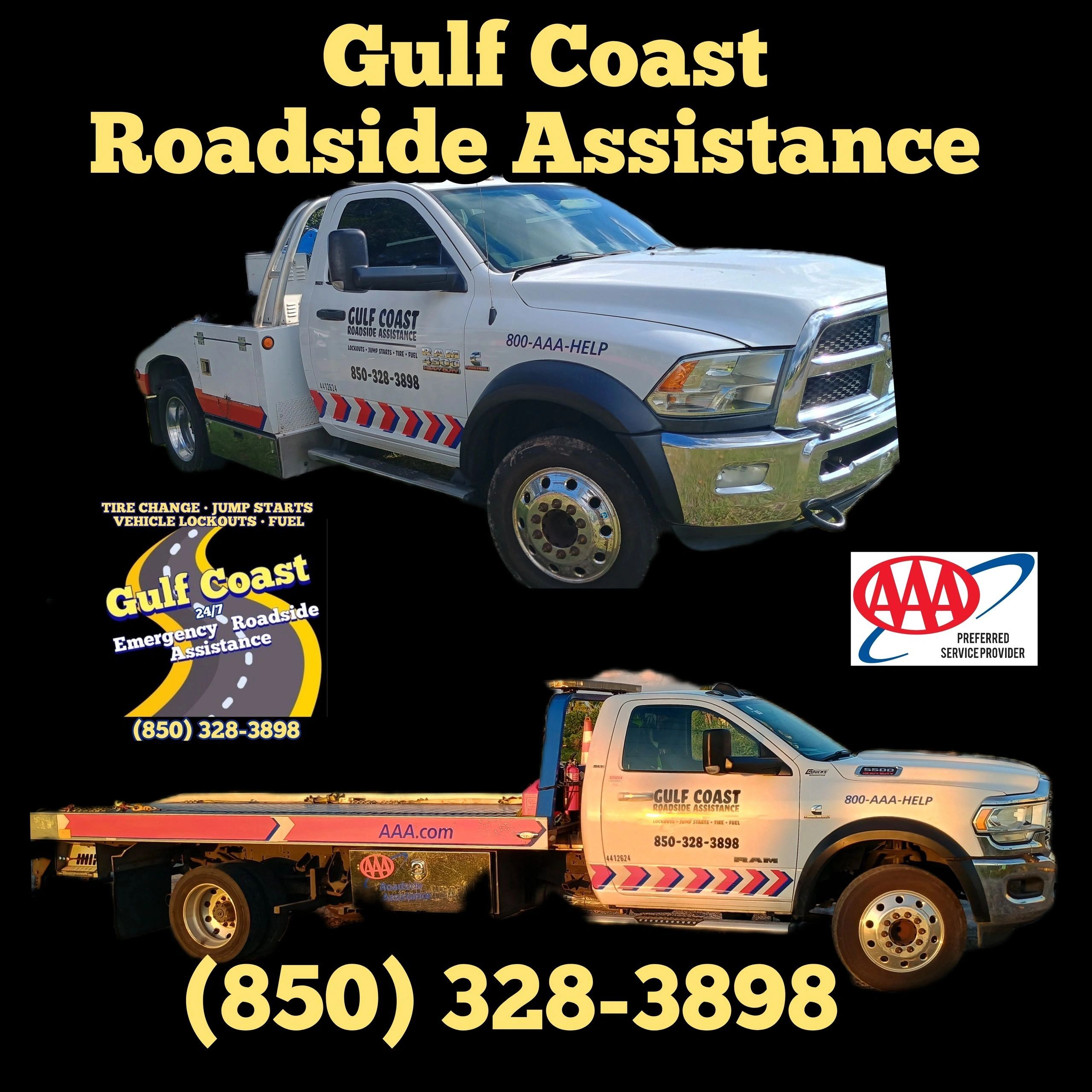 Image of Gulf Coast Roadside Assistance tow trucks in Mexico Beach. Towing and Roadside Assistance.