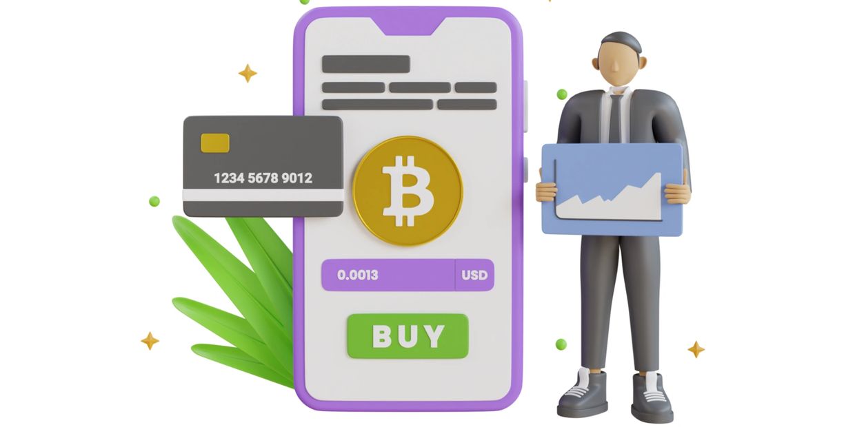 Purchasing bitcoin with a phone and credit card with a guy holding a price chart beside it